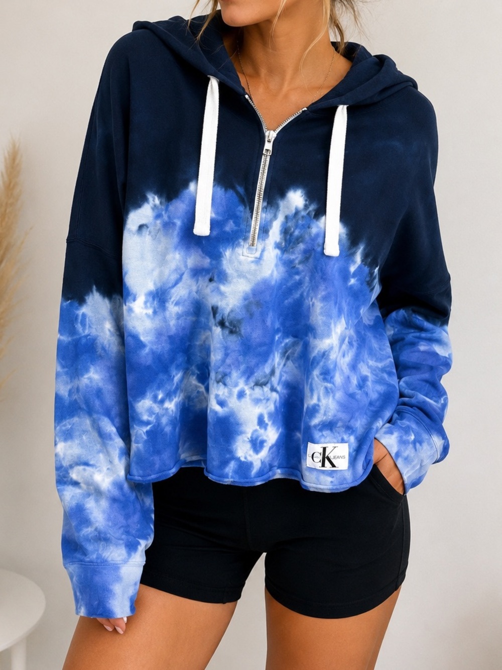 Calvin Klein Jeans Hoodie Women Blue Tie Dye Cropped Pullover Zip Neck NWT
